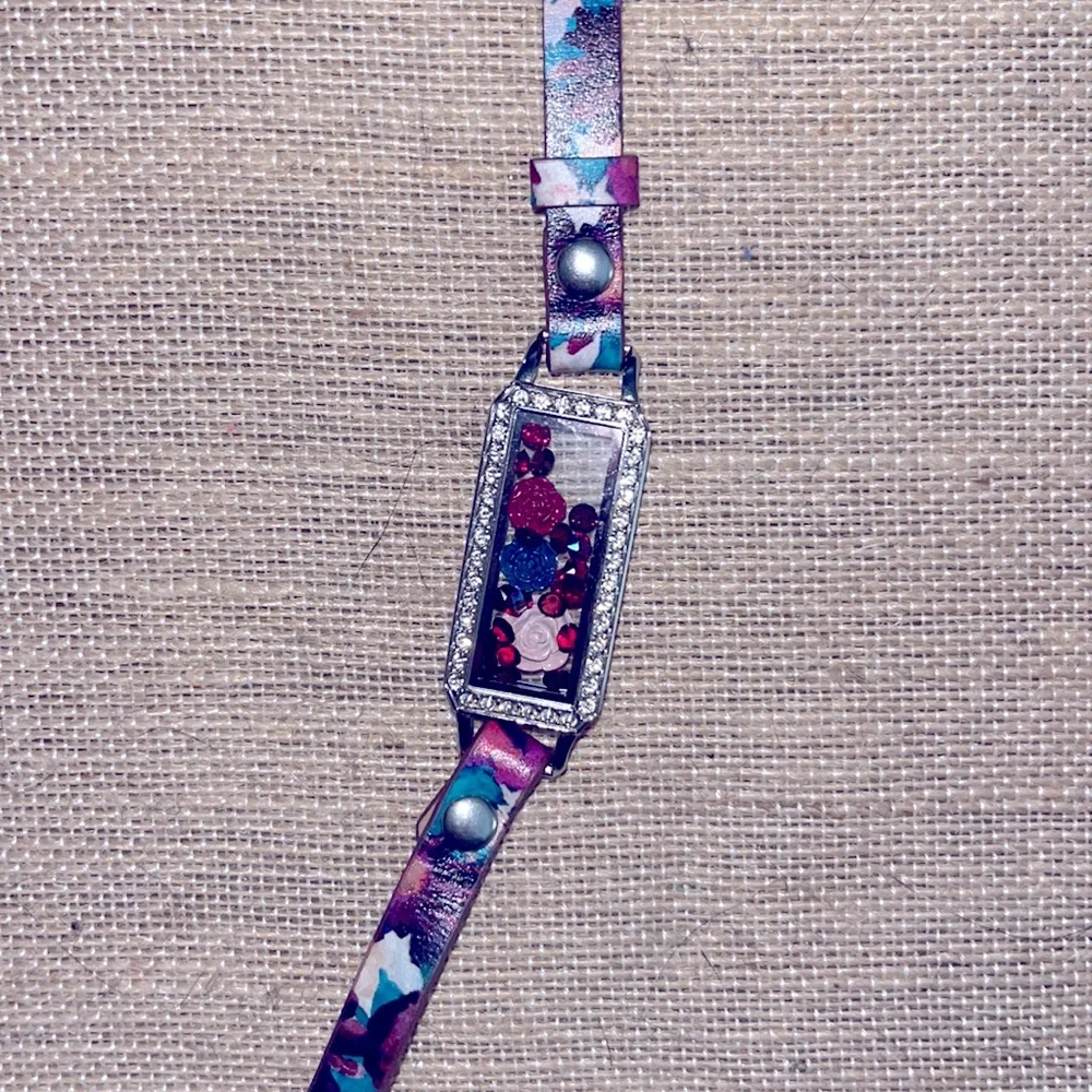 Origami Owl Floral Leather Bracelet Wrap/Silver Bar Rectangular Locket/charms - Picture 3 of 9